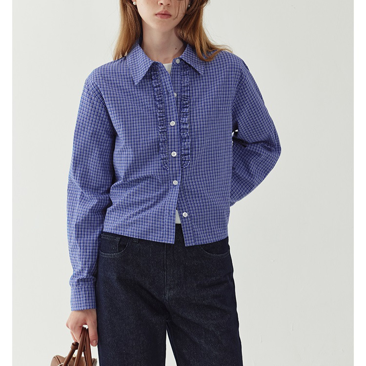 미라 블루 프랑스 격자 무늬 셔츠 2024 초기 가을 하이 엔드 느슨한 짧은 면 탑