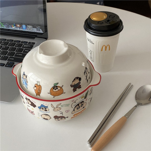 Ins style cute cartoon instant noodle bowl with lid large capacity Japanese girly heart ceramic bowl breakfast bowl household tableware