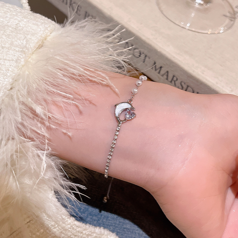 Zircon Love Dolphin Bracelet Women's Unique Niche Design Sense Pearl Bracelet Adjustable Pull-out New Bracelet
