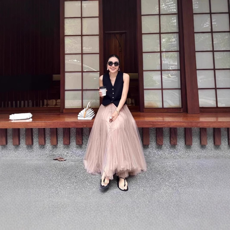 2025 New Spring and Autumn Pink A- line Gauze Skirt High Waist Mid-length Gauze Skirt Women's Super Fairy Umbrella Skirt Dagging Long