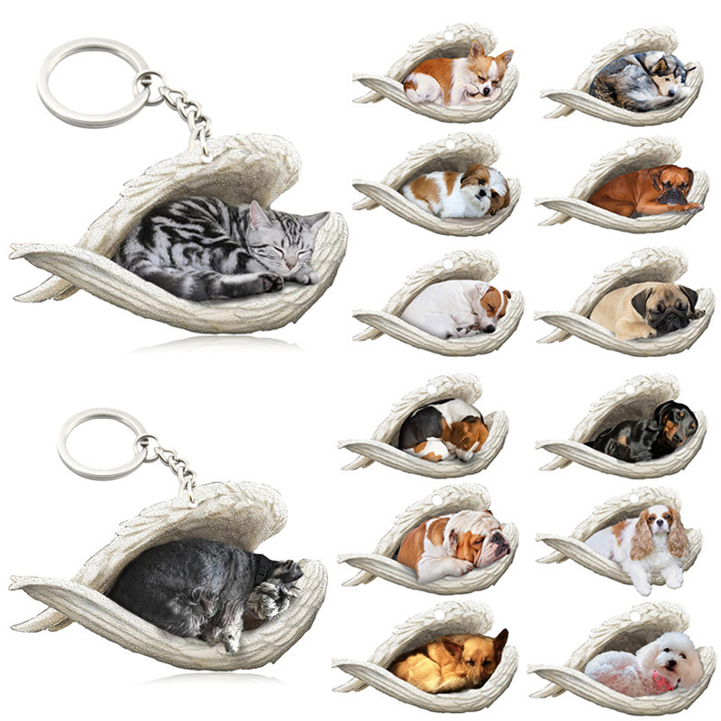 Personalized cat and dog sleeping angel pendant car key ring acrylic flat pet lovers key chain Personalized cat and dog sleeping angel pendant car key ring acrylic flat pet lovers key chain
