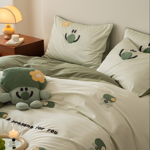 Category A mother and baby 100 count pure cotton four-piece set long-staple cotton satin cartoon embroidered quilt cover cotton bed three-piece set