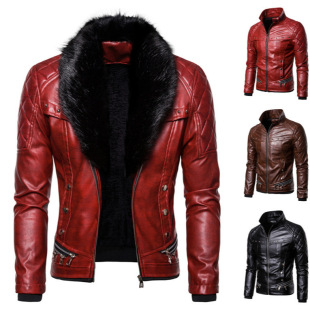 2023 autumn and winter New Fashion solid color button zipper stitching European size fur collar men's leather jacket PY71