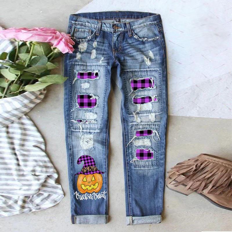 Cross-Border Women's Jeans Temu European and American New Style Ripped Printed Casual Cropped Jeans for Women Cross-Border Women's Jeans Temu European and American New Style Ripped Printed Casual Cropped Jeans for Women