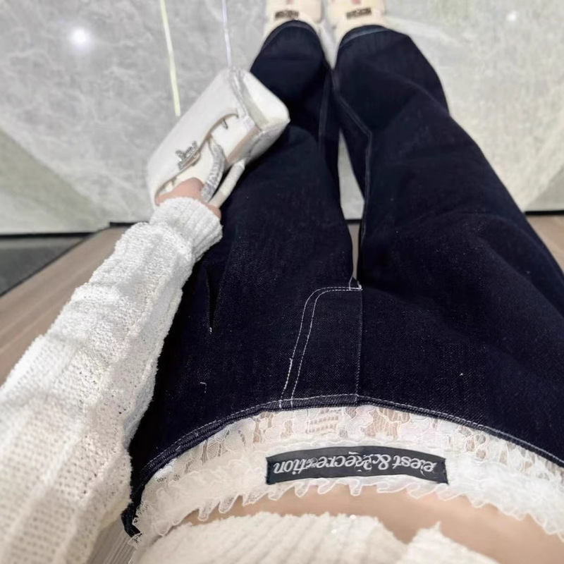 Korean Rest Rr Clottyteam Lace Splicing Double-Layer Wide-Leg American Style Hot Girl High-Waisted Rr Jeans for Women