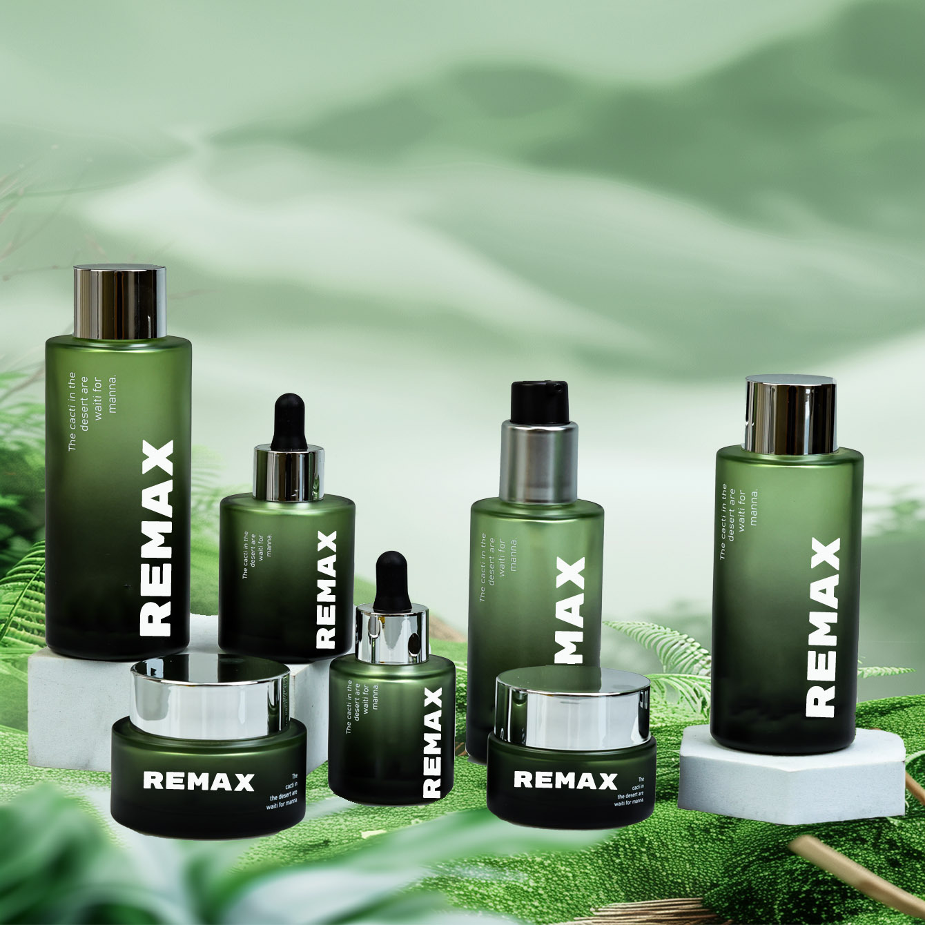 批发30/50/100/120/150ml绿色渐变玻璃瓶面霜罐精油瓶套装分装瓶