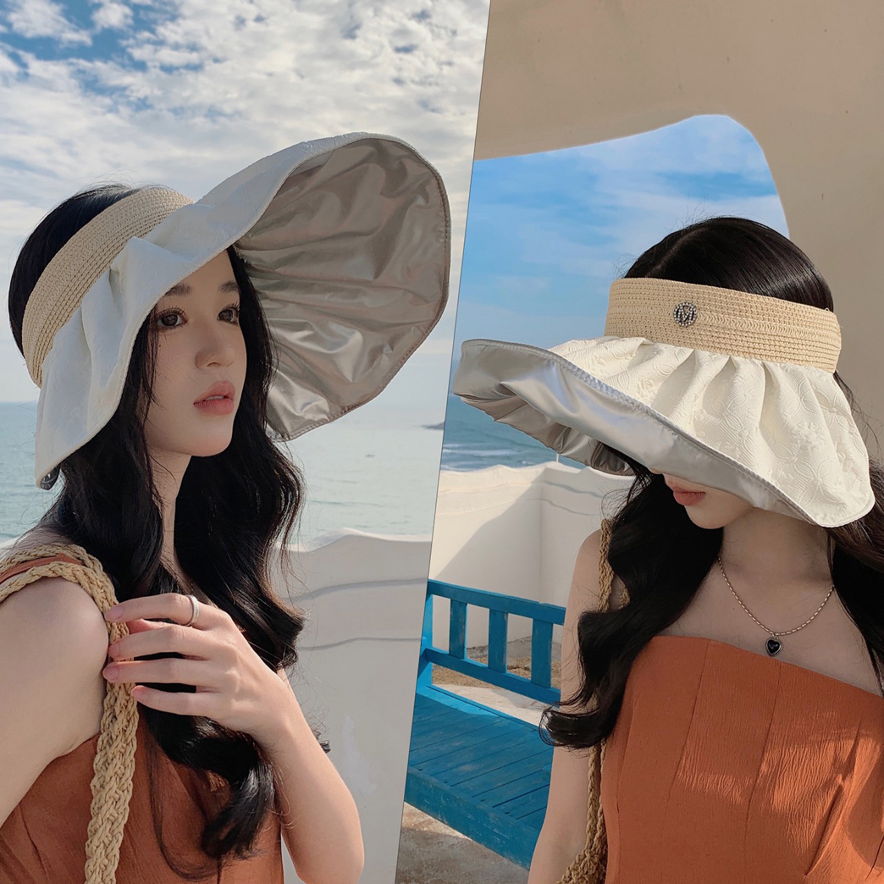 2025新款防晒帽女遮阳帽夏大帽檐可卷防紫外线百搭显脸小空顶帽子