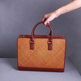 真皮加竹编公文包男士手提包女士提包电脑包竹制品工艺品包包篮子