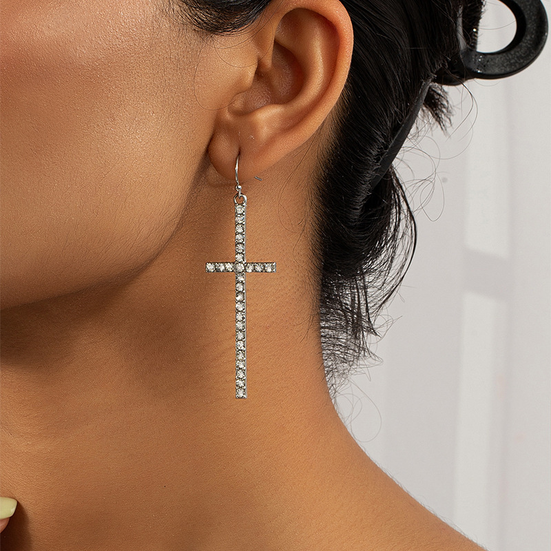 1 Pair Fashion Cross Alloy Inlay Artificial Diamond Womenu0027S Drop Earrings