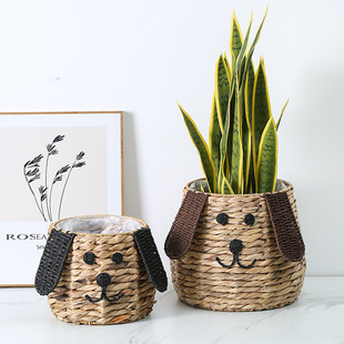 Dog animal-shaped woven flower basket flower pot indoor living room creative Straw flower pot green plant bonsai decorative pot set
