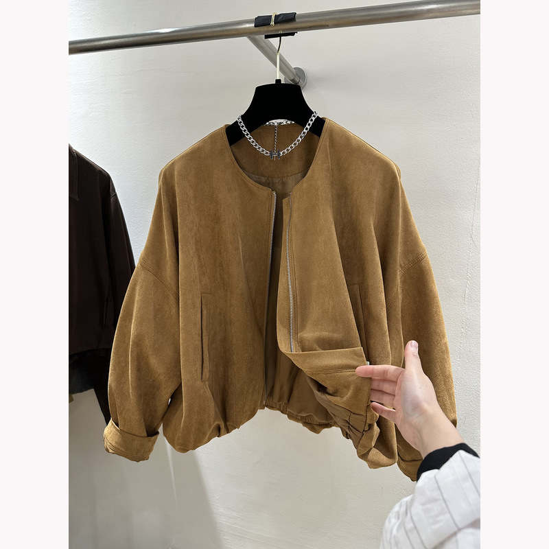 High-End European Autum New Loose and Slim Retro Suede Round Neck Zipper Jacket Jacket Western Style Top for Women