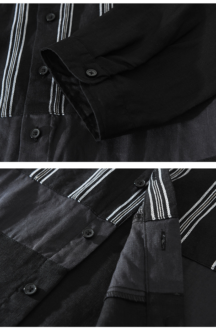 2026 Men's Loose-Fit Trendy Casual Japanese Style Patchwork Three-Quarter Sleeve Linen Shirt, Wholesale Available_viptrois.com