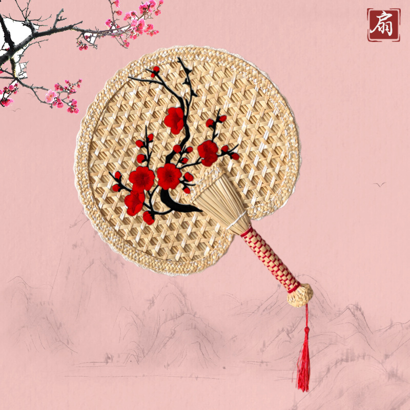 扇子蒲扇手工麦秆扇中式团扇夏季手摇梅花贴画工艺家用古风扇子