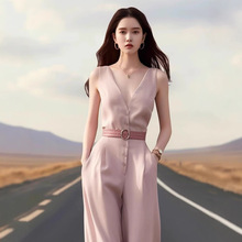 2710高端精致独特高级感超好看高腰垂感无袖藕粉色连体裤女夏季