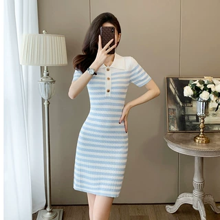 小香风冰丝针织连衣裙女夏季新款小个子穿搭高级感条纹包臀裙批发