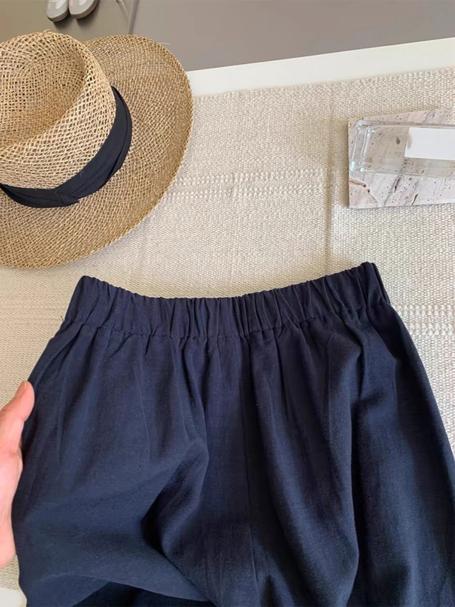 Quần dài lưng thun cotton pha lanh ống rộng mùa hè cho nữ — màu xanh hải quân