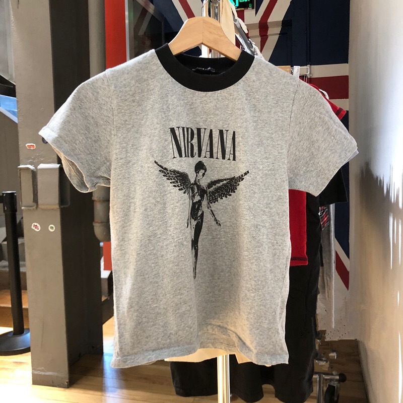 Bm Style American Retro Nirvana Angel Wings Printed Top Bm High Waist Short-Sleeved T-Shirt for Women