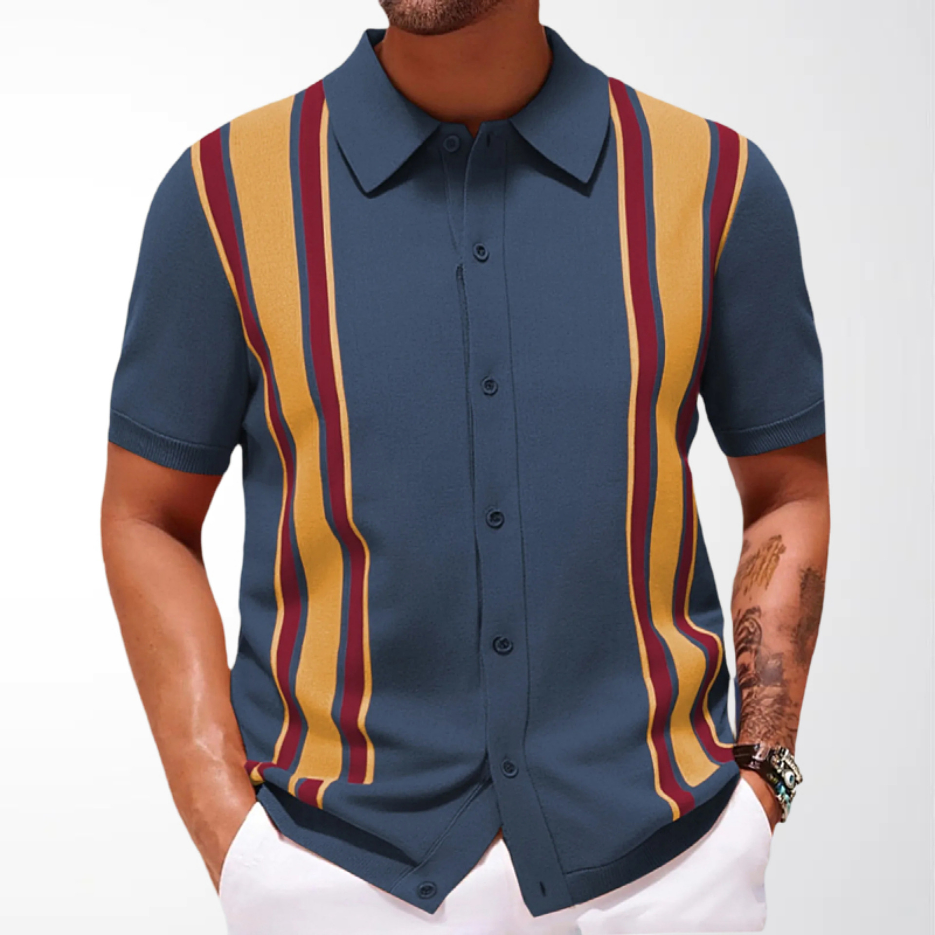 Men's Knitted Cardigan Summer New Style Contrast Striped Short-Sleeved Casual Polo Shirt European and American Export Men's Clothing Sy0171