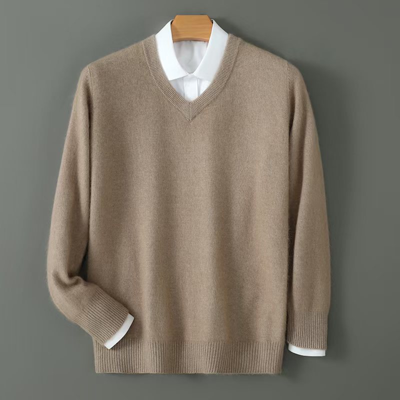 25 Autumn and Winter Boutique Mink Velvet Sweater Men's V Neck Youth Business Pure Color Sweetheart Collar Classy Cashmere Knitted Bottoming Shirt