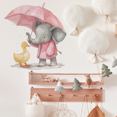 卡通大象撐傘小鴨子兒童臥室幼兒園家居裝飾牆貼貼紙自粘批發跨境