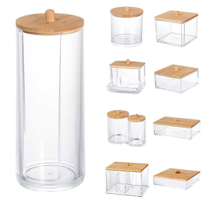 Transparent Acrylic Cotton Storage Box Women's Dressing Table Simple Dust-proof Bamboo Cover Cylindrical Cotton Storage Tube
