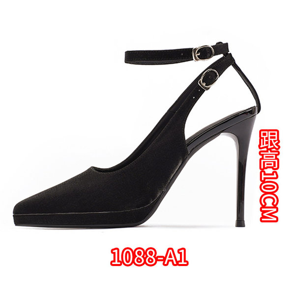 Giày cao gót nữ mũi nhọn da lộn, gót 10 cm, đế chống thấm nước — Satin đen-10cm