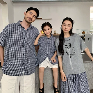 夏季韩系亲子装一家三口短袖格子衬衫父子装母女套装潮洋气全家装