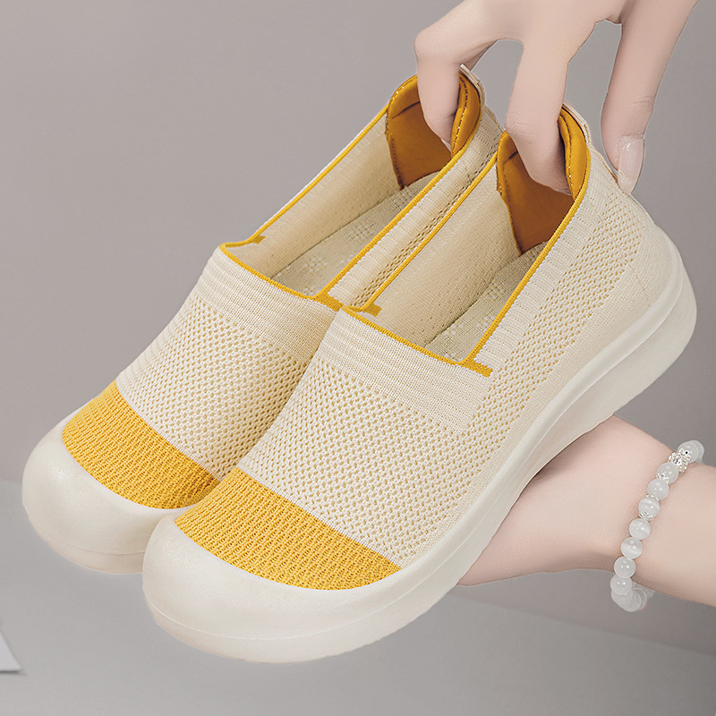 Zapatos de mujer, estilo versátil de primavera, zapatos de malla transpirable con tejido Fly-Knit, zapatos sin cordones, zapatos casuales de moda con bloques de color, venta al por mayor