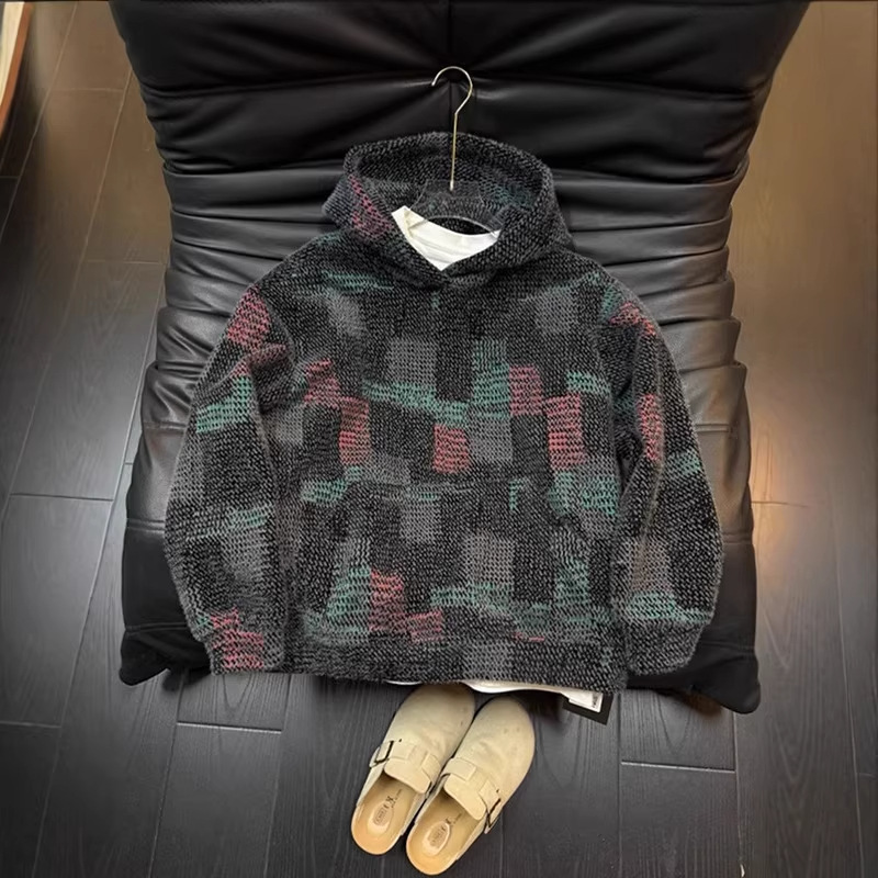 Chanel-Style Colorful Plaid Knit Sweatshirt for Men, Autumn and Winter American Retro Heavyweight Hoodie, Lazy Style Couple's Jacket