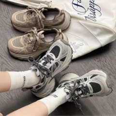 巴黎真皮高级感老爹鞋女2025秋季新款厚底百搭网面透气休闲运动鞋