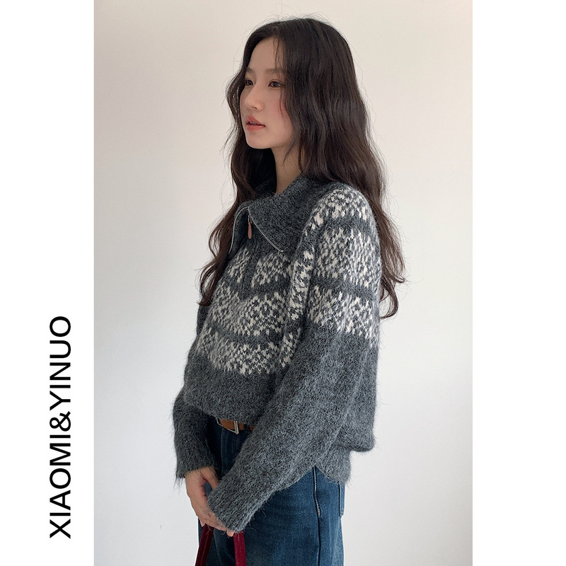 [Fair Isle Jacquard] Festive Atmosphere Retro High-Neck Half-Zip Loose Knitwear for Women 11004