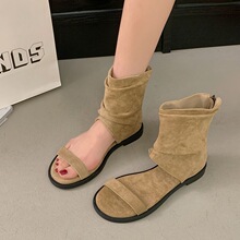 小众设计感复古平底休闲罗马凉鞋女夏季新款韩版一字带后拉链凉靴