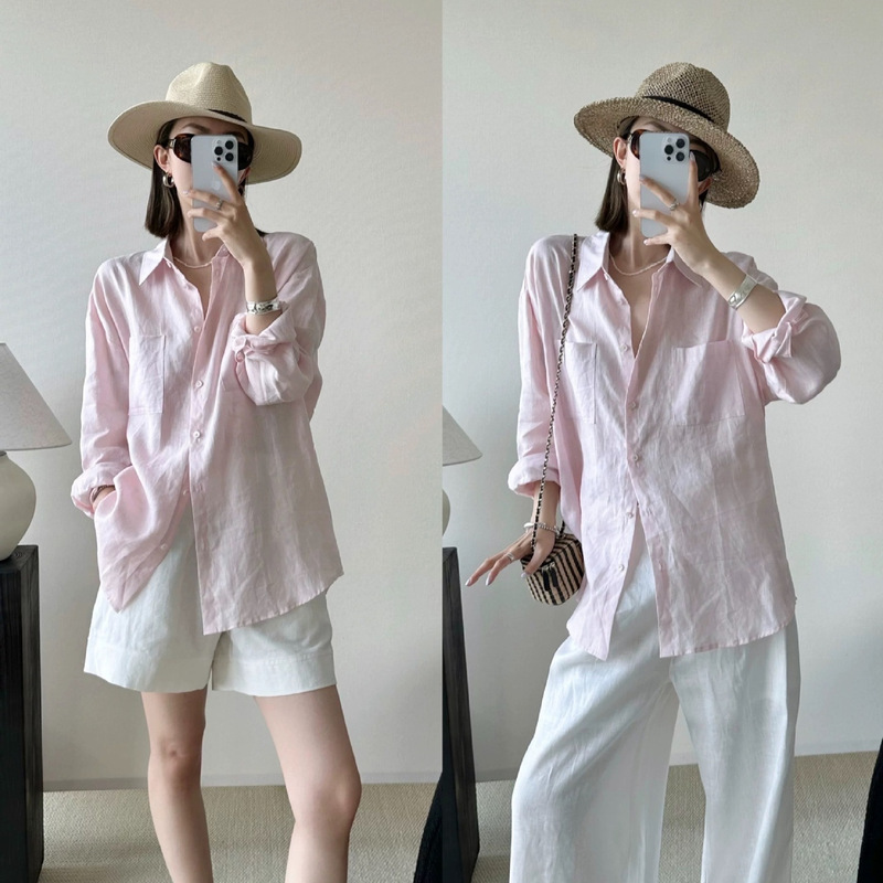 Codnam High-End Linen Long-Sleeved Light Pink Shirt Women's Top Jacket Loose Elegant Cotton and Linen Shirt