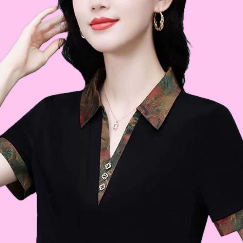 Новая женская летняя футболка в китайском стиле с короткими рукавами и лацканами 2025 года, новый тонкий топ в национальном стиле для мам среднего возраста большого размера