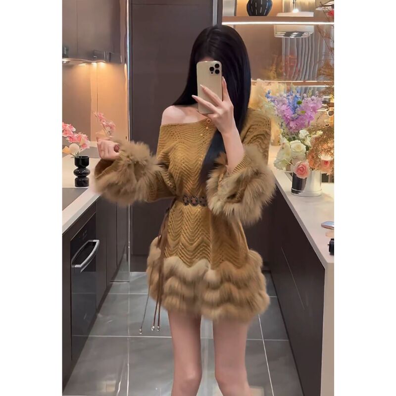 法式咖色毛绒袖口连衣裙搭配腰带两件套女秋冬季名媛气质纯欲套装|undefined