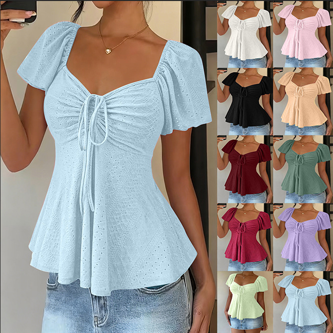 2026 Summer New Amazon Tume European and American Style V-Neck Drawstring Sexy Short-Sleeve Solid Color T-Shirt for Women 2026 Summer New Amazon Tume European and American Style V-Neck Drawstring Sexy Short-Sleeve Solid Color T-Shirt for Women