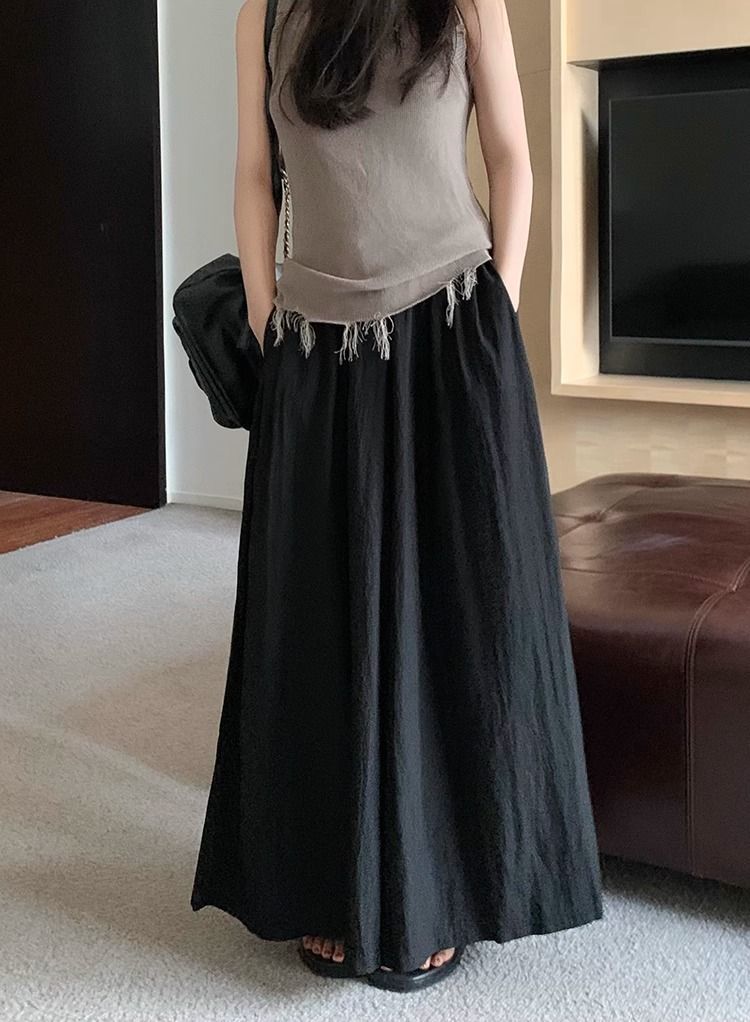 Textured casual trousers for women new retro high waist slim design solid color wide leg skirt pants_voghion.com