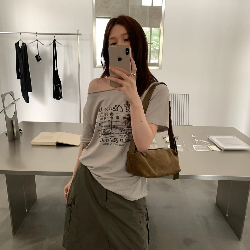 Zhijian Casual Fashion Printed Short Sleeve Cotton T-Shirt Off-Shoulder Top Summer Women's Clothing Bestseller 83638 Zhijian Casual Fashion Printed Short Sleeve Cotton T-Shirt Off-Shoulder Top Summer Women's Clothing Bestseller 83638