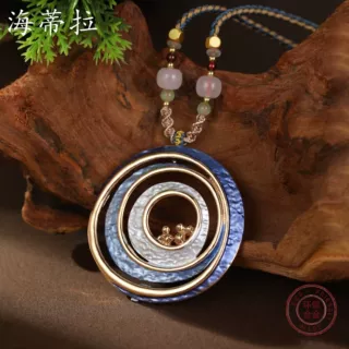 跨境新款珐琅彩圆形镂空几何线条长吊坠 天然水晶串珠女士长项链