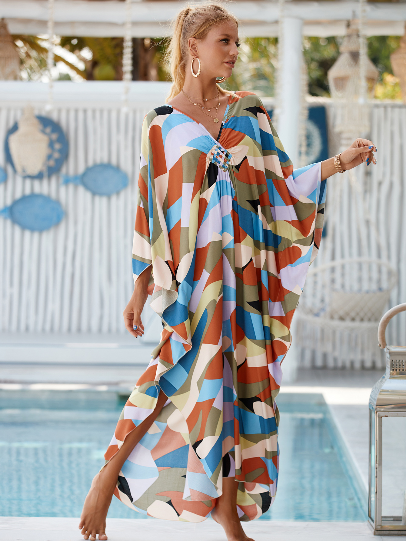 224g Weight Sunscreen Shirt Outerwear Type 3/4 Length Sleeve Sleeve Length Polyester Fabric Type Long Top Length V Neck Neckline Printing, Leopard Pattern Spring&Summer Season Women's Gender Vacation, Beach Style Women's Printing Leopard Vacation Beach Cover Ups 179