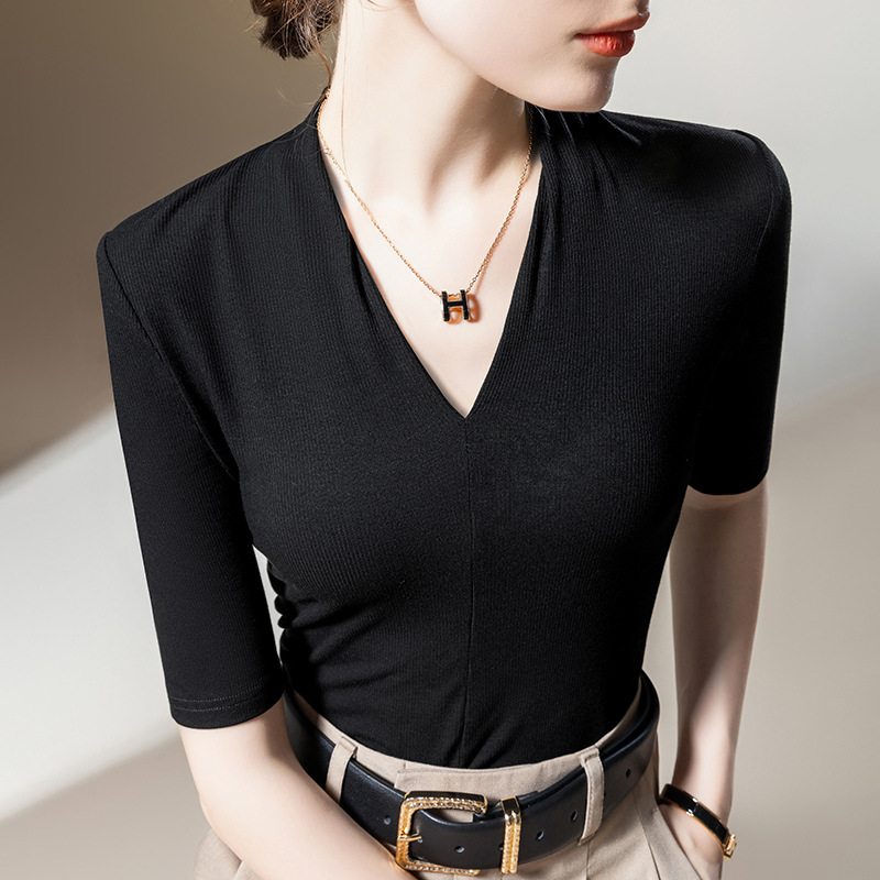 Medium-sleeved T-shirt Women's New Women's Clothing Solid Color Threaded Half-sleeved T-shirt Temperament Deep V-neck Waist Top Short Sleeve_ecoleips.com