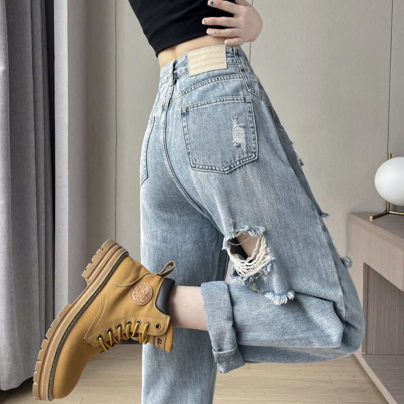 Рваные джинсы для женщин, весенне-летний дизайн, потертые прямые брюки-шаровары, повседневные длинные брюки для миниатюрных нищих.