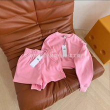 跨境新款ALO纯色春夏圆领运动卫衣短裤休闲套装抽绳松紧短裤套装