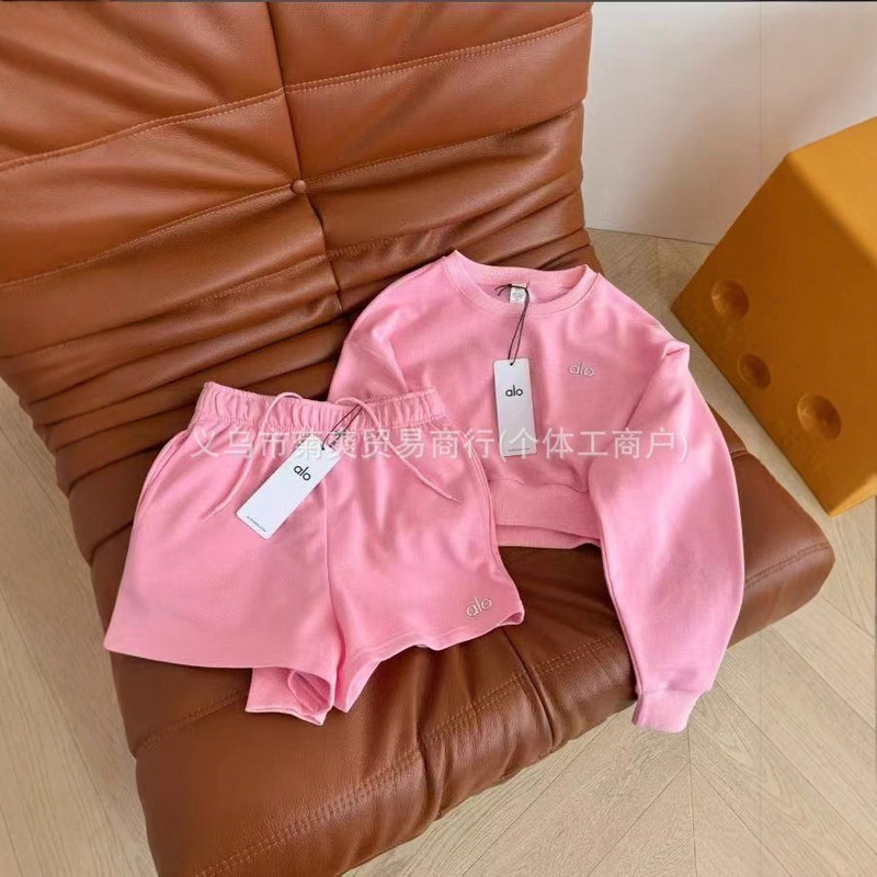 Cross-Border New Alo Pure Color Spring and Summer Round Neck Sports Sweatshirt Shorts Casual Suit Drawstring Elastic Shorts Suit