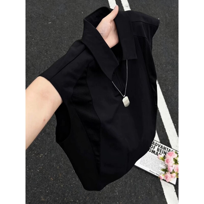 American-Style Deconstructed Mesh Polo Collar Vest for Men, Summer Thin Quick-Dry Sports Sleeveless Shirt, Ice Silk Breathable Sleeveless T-Shirt