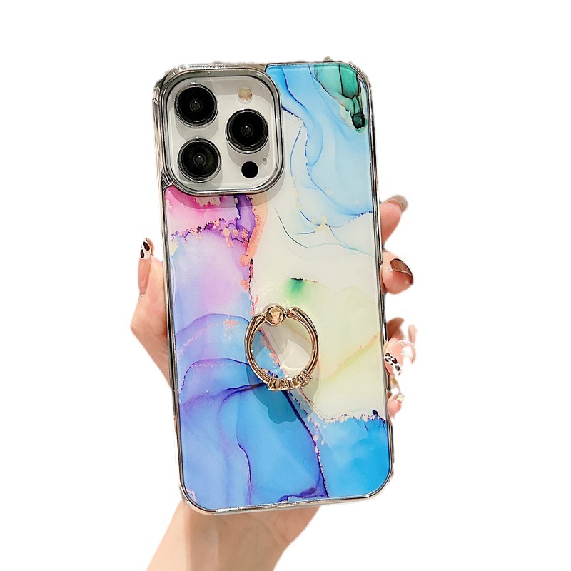 Phone Case For Iphone 15 Pro Max Marble Electroplated Ring Holder_voghion.com