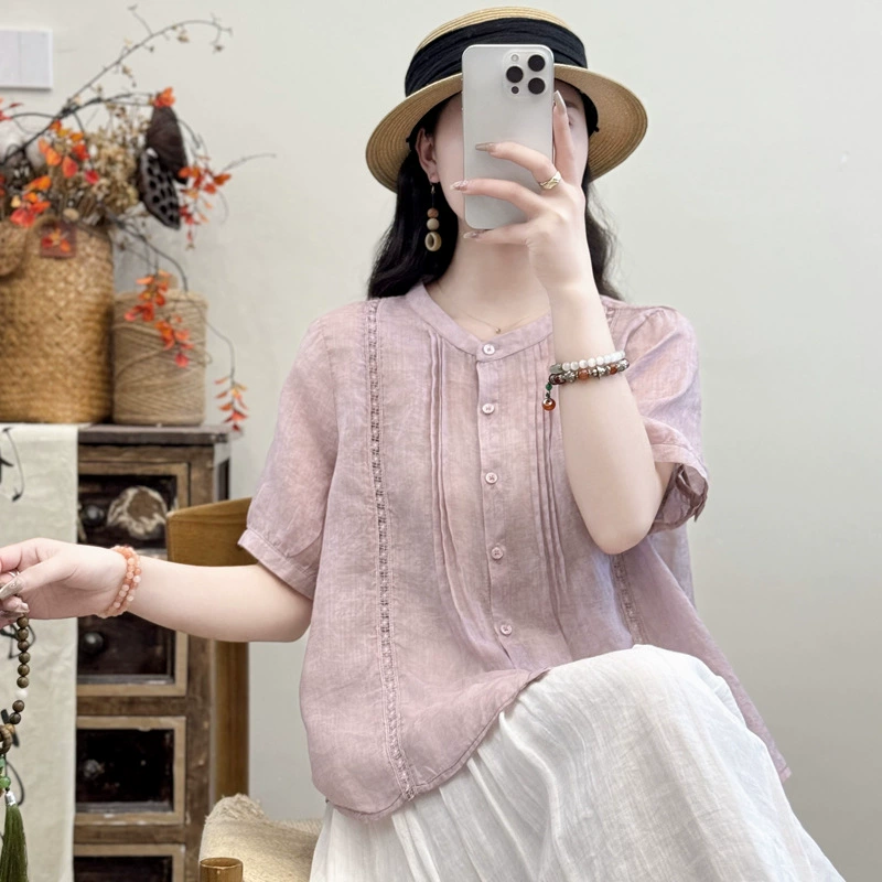 Ретро дизайн с круглым вырезом рубашка рами женская летняя новая тонкая свободная новая китайская темпераментная рубашка с пятью рукавами