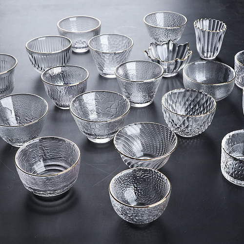 Minimalist transparent glass teacup with gold edge, hammer pattern tea cup, host cup, small tea bowl, Gongfu tea set cup, wholesale