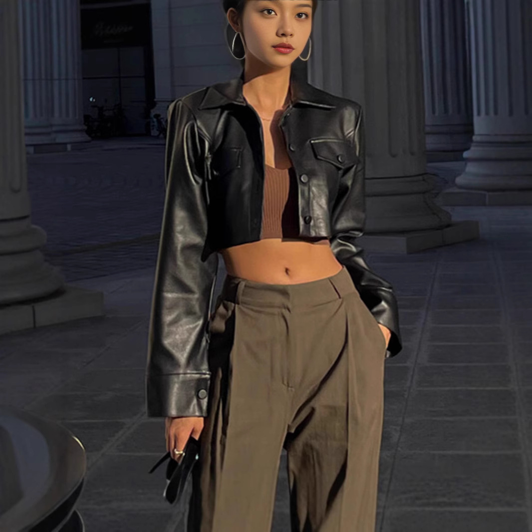 European and American Hot Girl Street Fan Car Suit Lapel Buckle Leather Coat Women's Summer Sexy Navel Fried Street Short Jacket Top