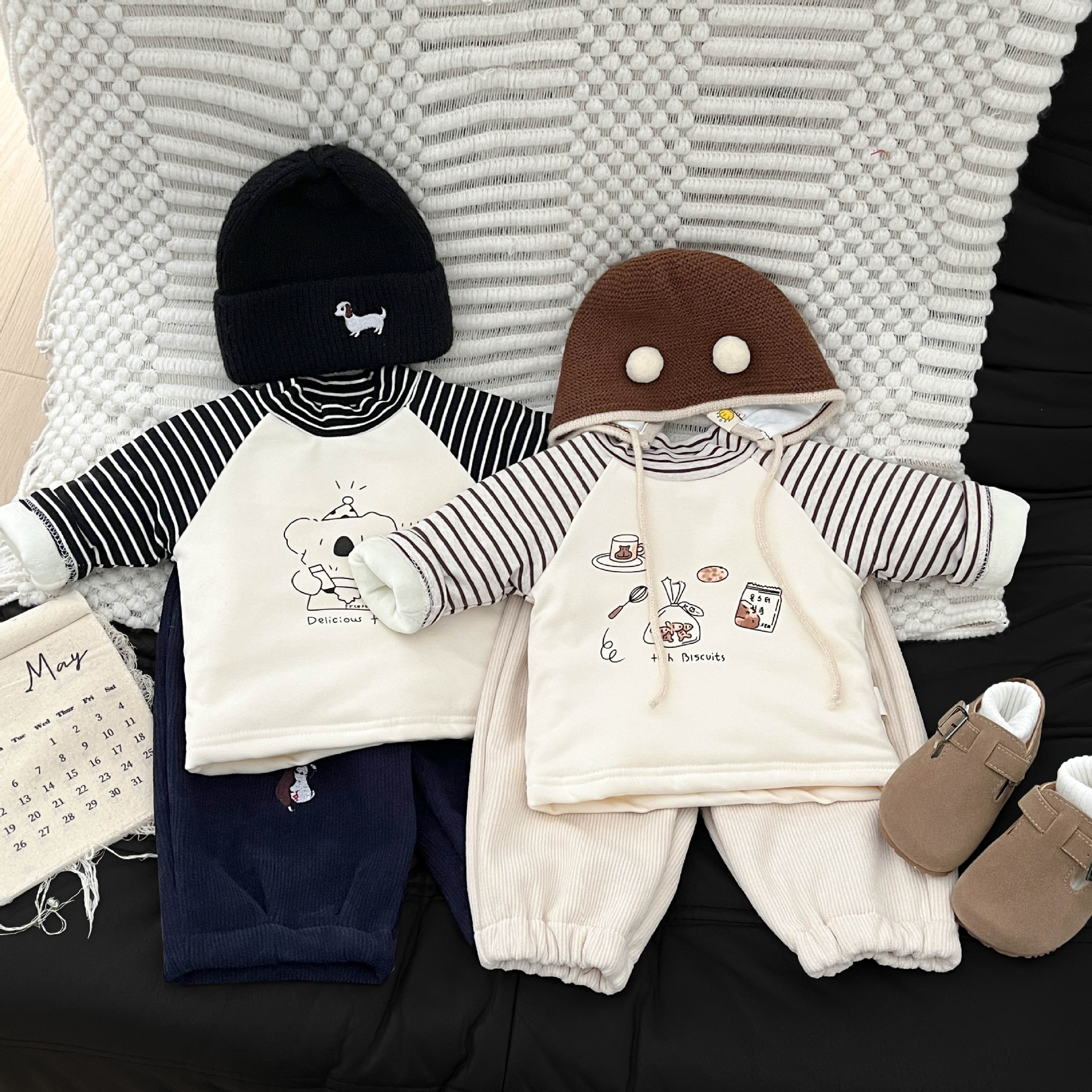 Niños con camisa de base de lana versátil otoño y invierno nuevo estilo bebé hombre y mujer rayas de color contrastante grueso chaqueta cálida